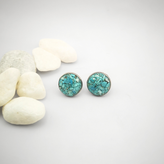 Crushed Turquoise Gemstone Ear Studs – 12mm Stainless Steel