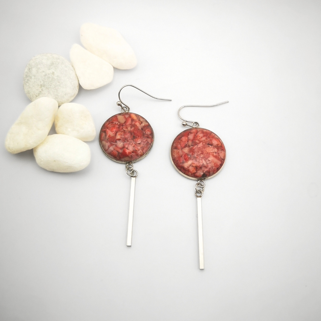 Crushed Red Coral Dangle Stainless Steel Earrings