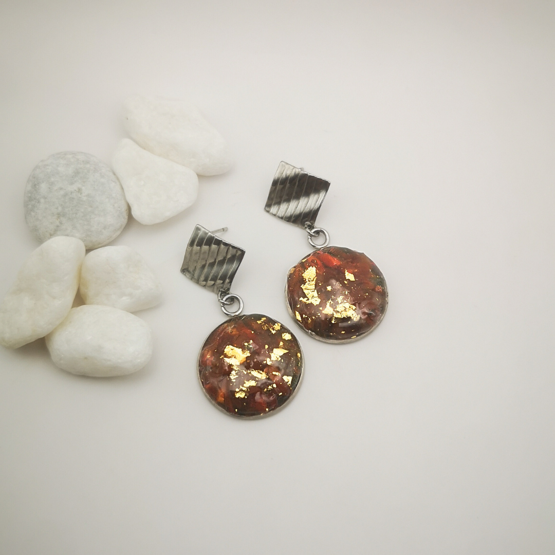 Crushed Garnet & Gold Leaf Drop Earrings – Stainless Steel