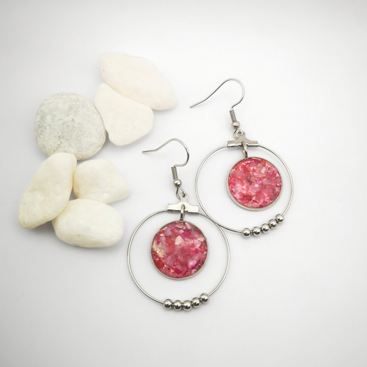 Crushed Pink Agate Stainless Steel Hoop Earrings