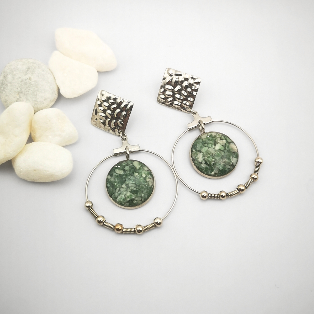 Crushed Green Moss Agate Stainless Steel Hoop Earrings