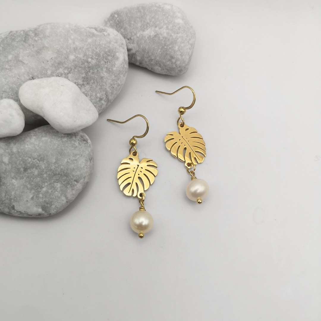 Gold Plated Stainless Steel Monstera Leaf Freshwater Pearl Earrings
