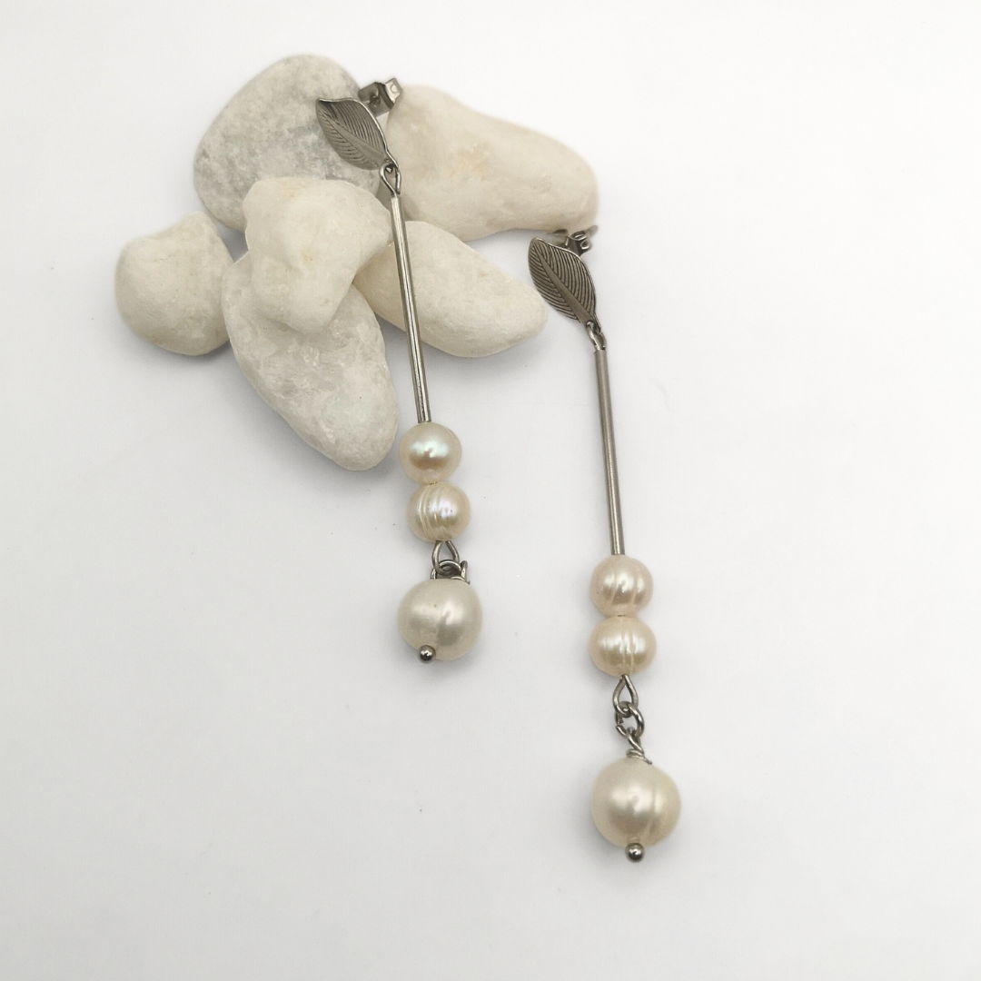 Lumina Freshwater Pearl Dangle Earrings – Stainless Steel Elegance