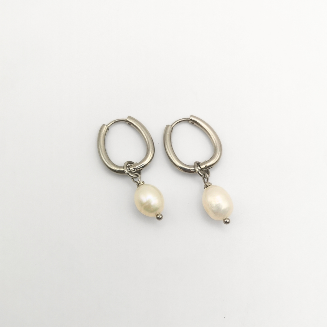 White Freshwater Pearls on Stainless Steel Hoop Earrings