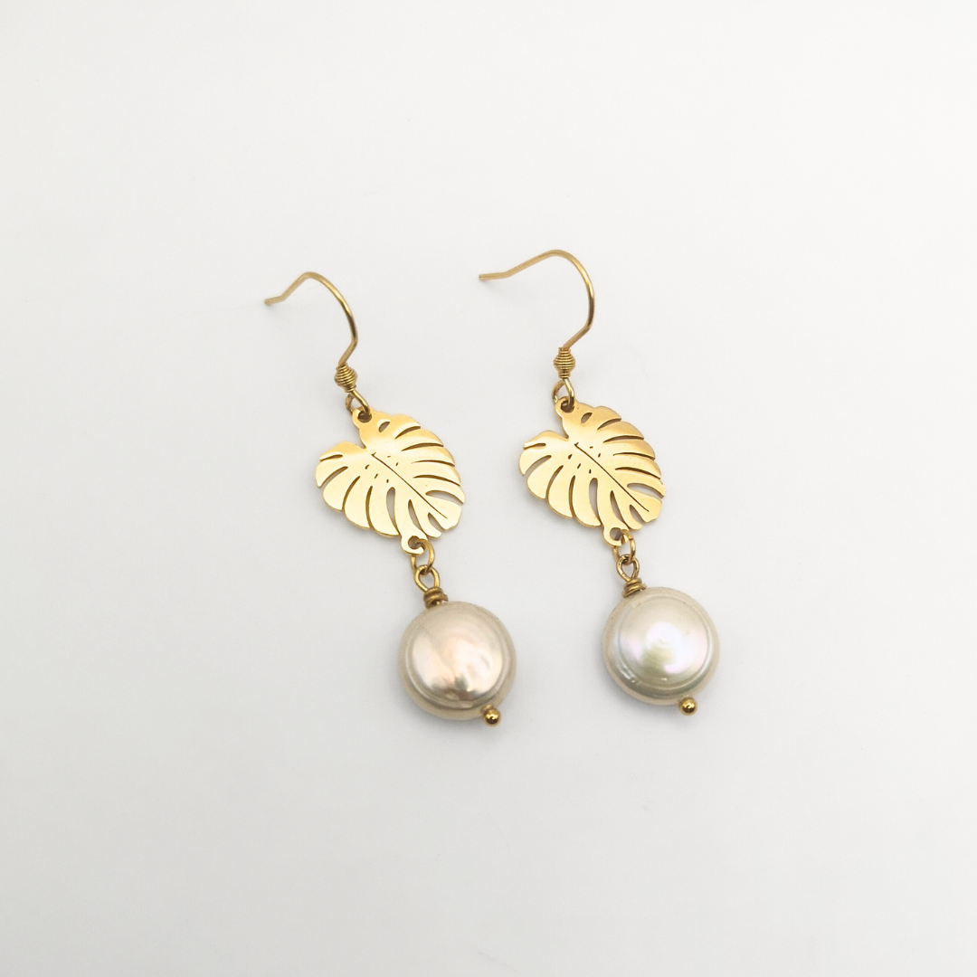 Gold-Plated Stainless Steel Dangle Earrings with White Coin Pearls