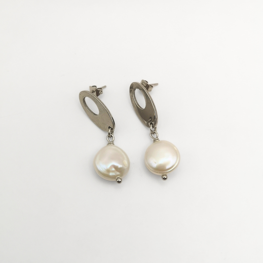 White Freshwater Coin Pearls on Stainless Steel Oval Studs