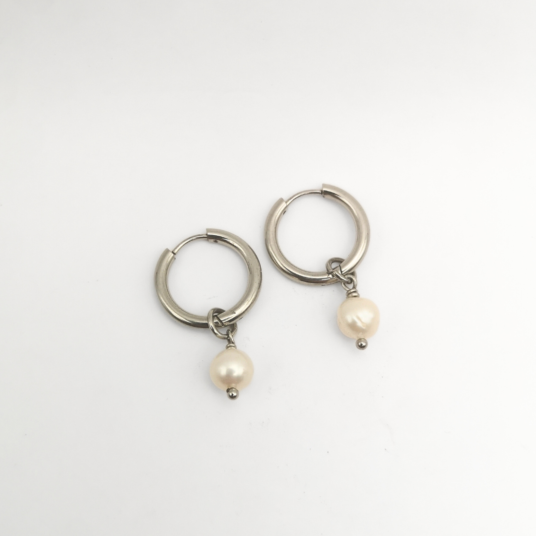 White Freshwater Pearl Hoop Earrings – Stainless Steel