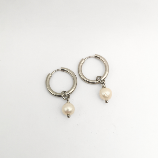White Freshwater Pearl Hoop Earrings – Stainless Steel