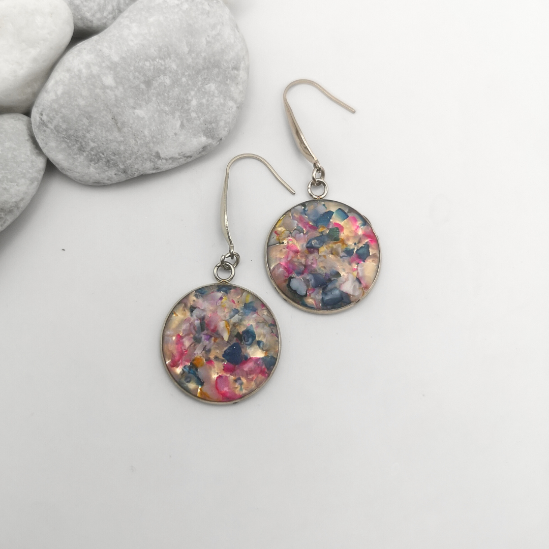 Crushed Blue And Pink Agate Stainless Steel Drop Earrings