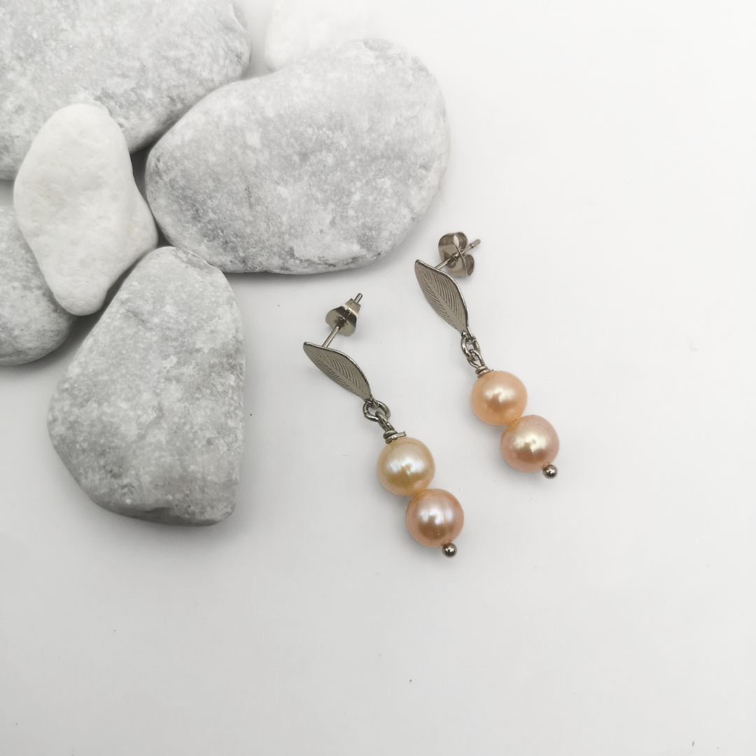 Peach Pink Freshwater Pearl Stainless Steel Drop Earrings