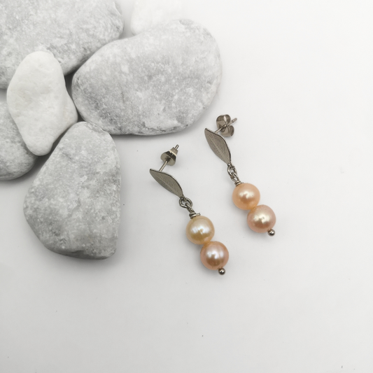 Peach Pink Freshwater Pearl Stainless Steel Drop Earrings