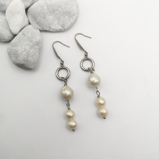 Triple White Freshwater Pearl Dangle Earrings