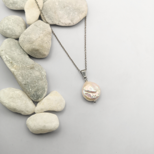 Evelyn - Baroque Coin Pearl Pendant Stainless Steel Necklace