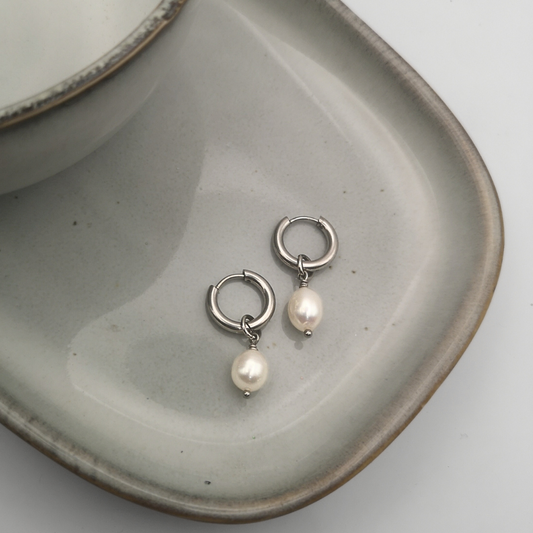 Elara - Stainless Steel Freshwater Pearl Hoop Earrings