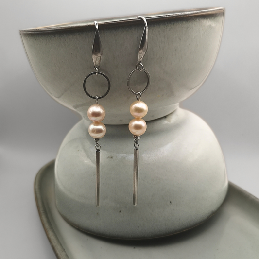 Stainless Steel & Pink Peach Freshwater Pearl Earrings
