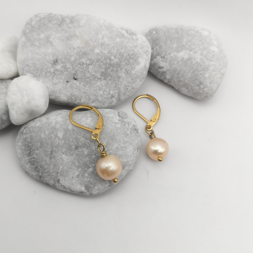 Gold Plated Stainless Steel Freshwater Pearl Drop Earrings