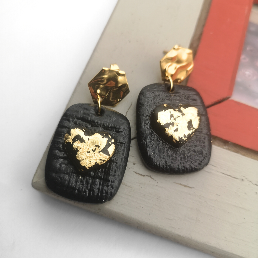 Black Polymer Clay & Gold Leaf Earrings