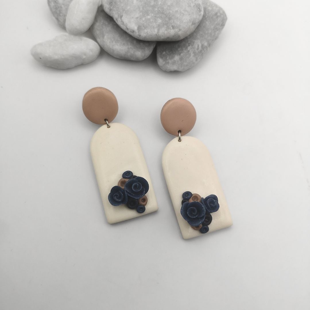 Ivory Polymer Clay Drop Earrings with Navy Clay Roses