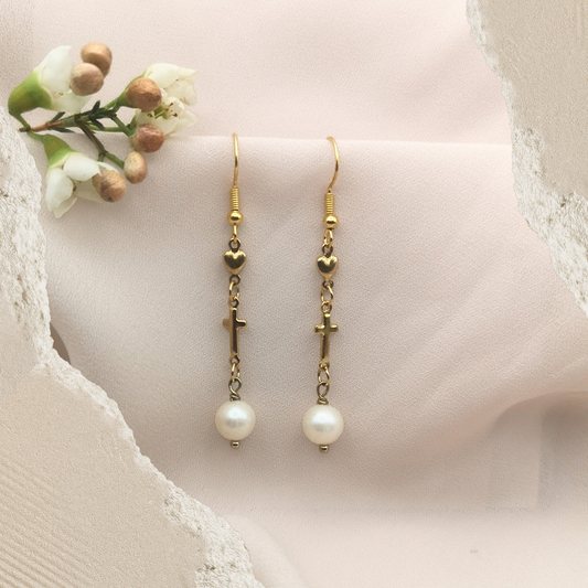 White Freshwater Pearl Gold Plated Stainless Steel Earrings