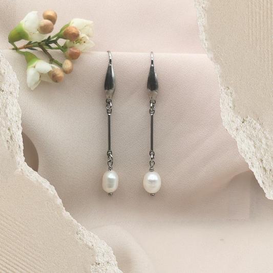 Stainless Steel Dangle Earrings with Oval Freshwater Pearls