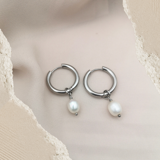 White Freshwater Pearl Stainless Steel Hoop Earrings 20mm