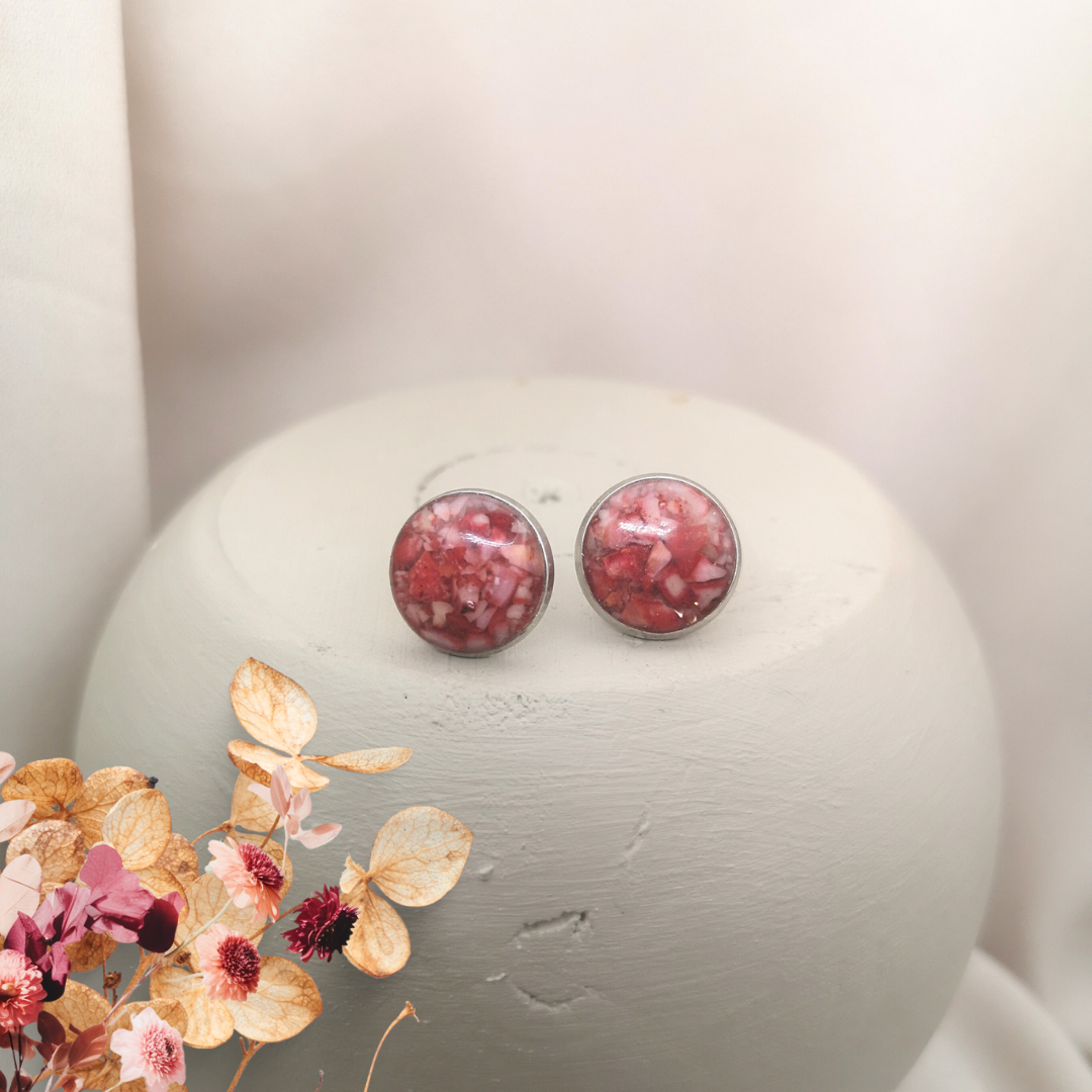 Stainless Steel Stud Earrings With Crushed Natural Red Coral 12 mm