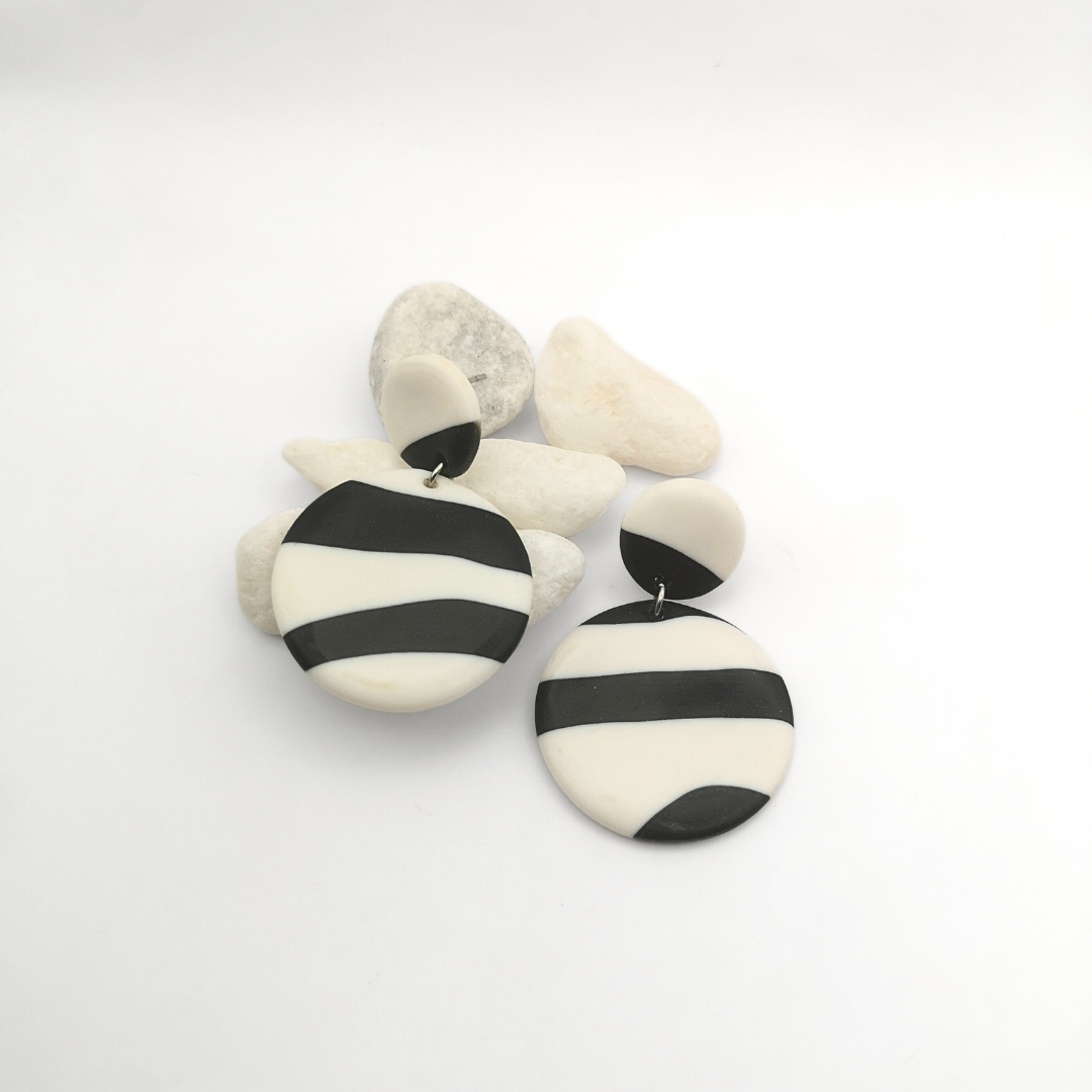 Zebra Pulse – Black & White Striped Polymer Clay Drop Earrings