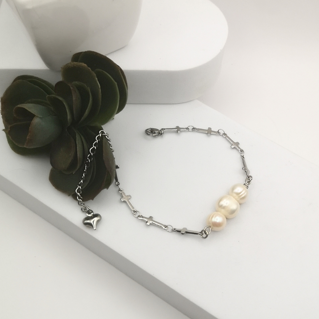 Timeless Stainless Steel Cross Chain Bracelet with Freshwater Pearls