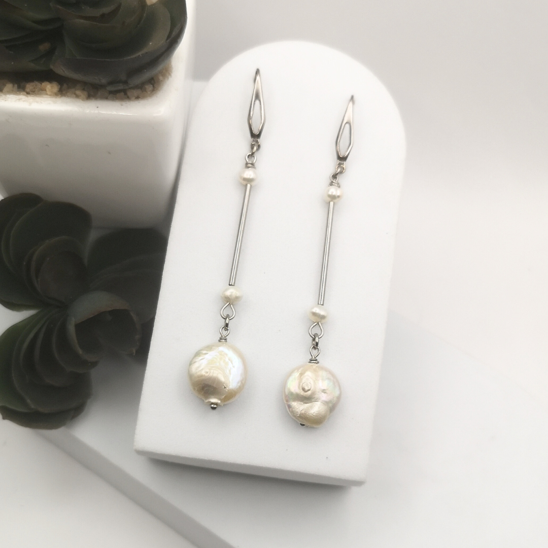 Stainless Steel Dangle Earrings with Baroque Coin Pearls