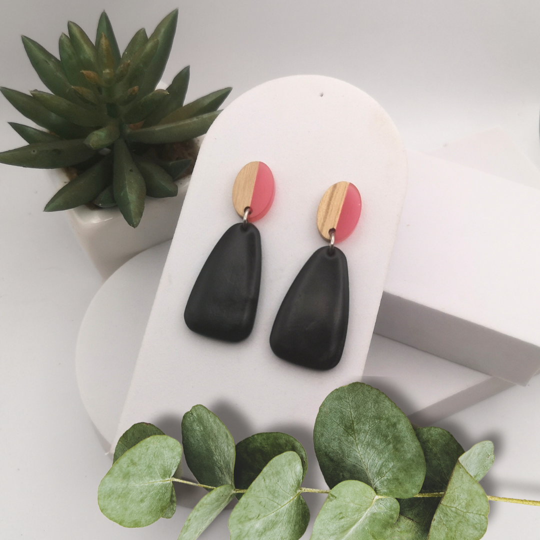 Black Triangle Polymer Clay Drop Earrings