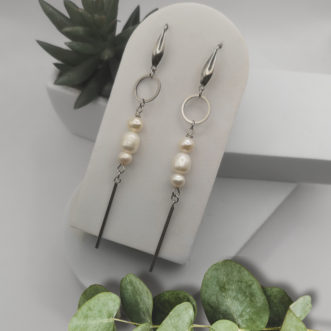 White Freshwater Pearls Stainless Steel Dangle Earrings