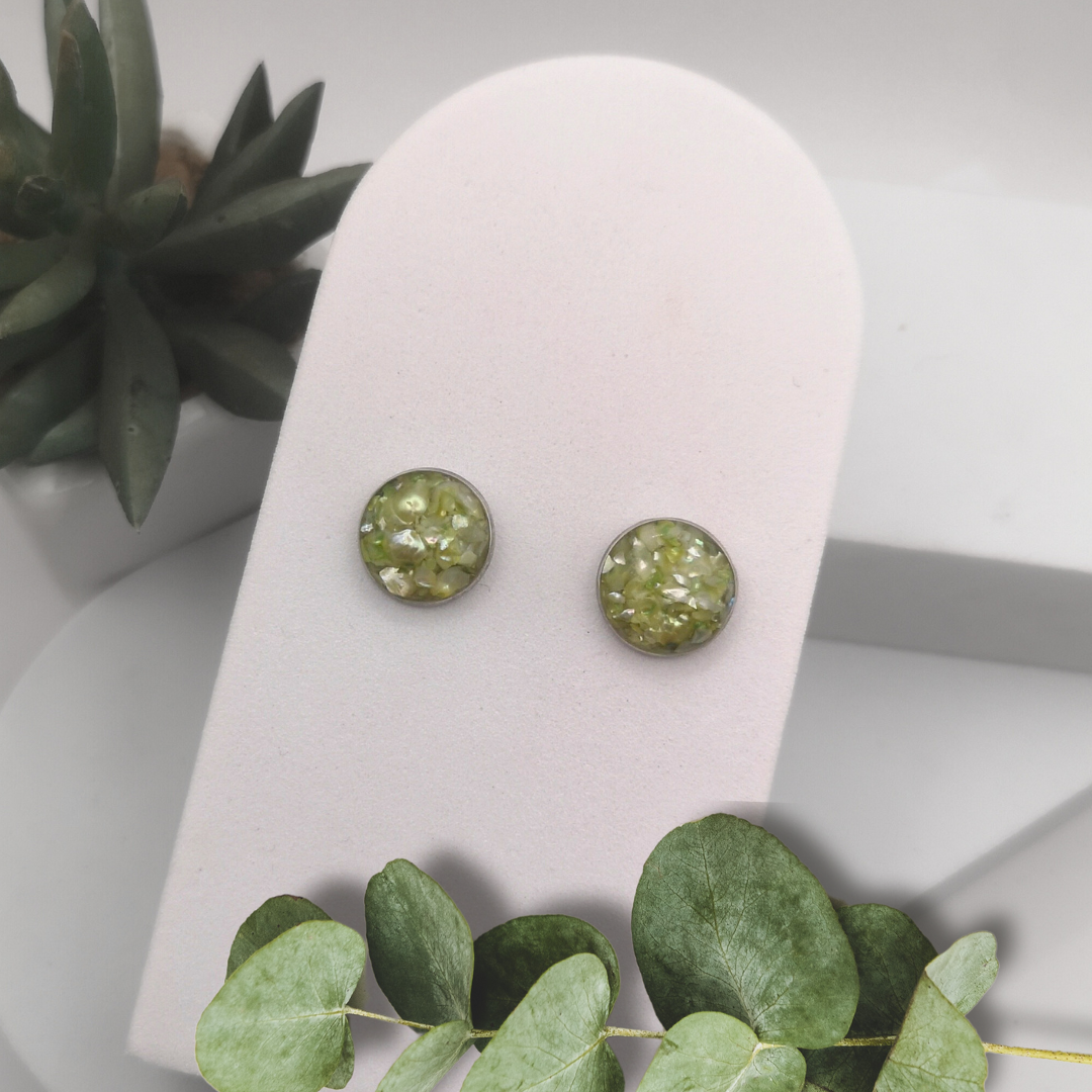 Crushed Lime Green Freshwater Pearl Stainless Steel Ear Studs 12 mm
