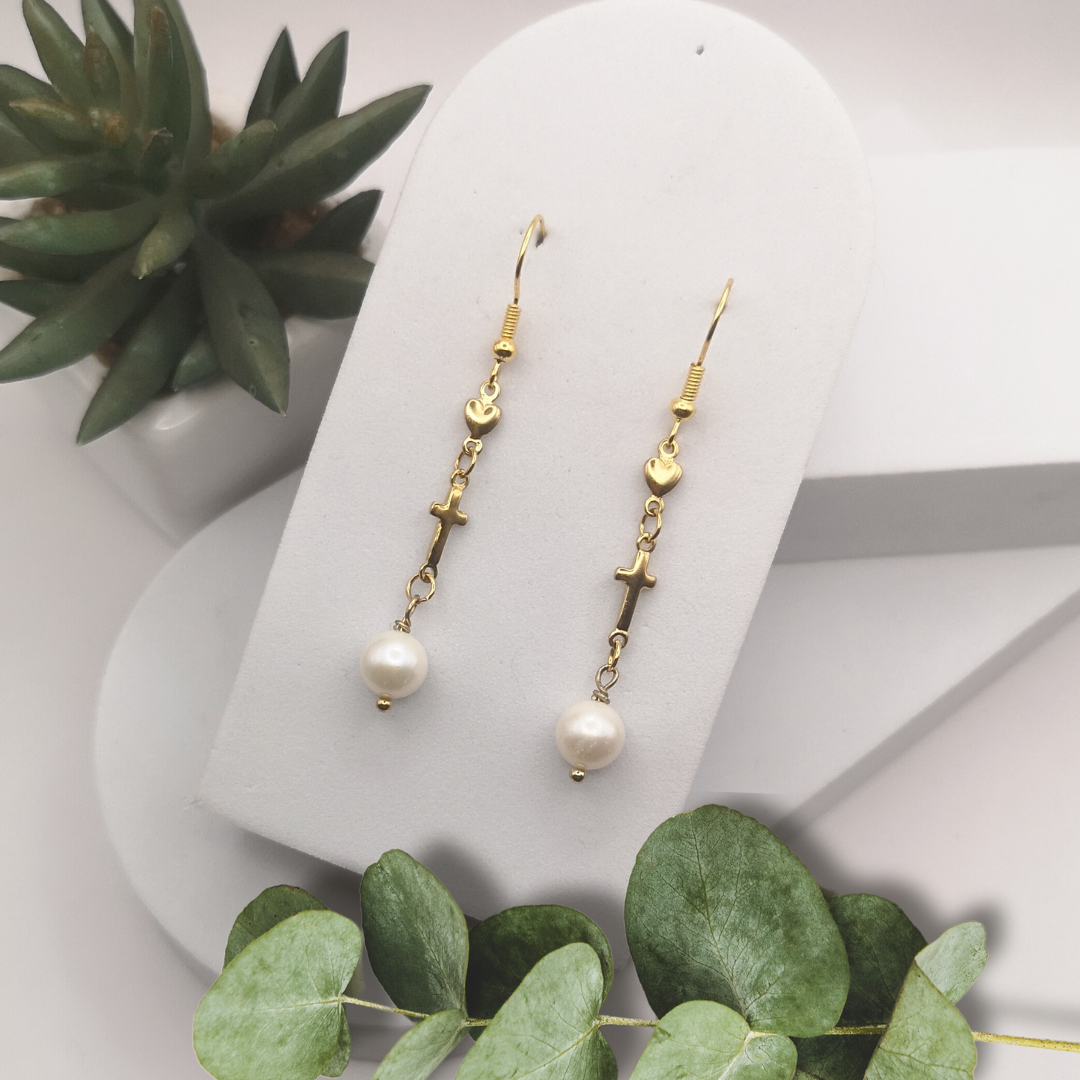 White Freshwater Pearl Gold Stainless Steel Dangle Earrings