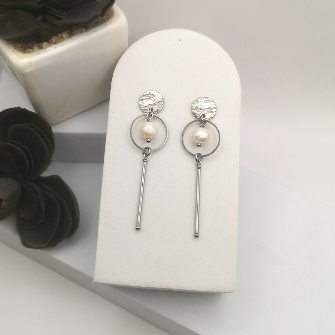 Stainless Steel White Freshwater Pearl Drop Earrings