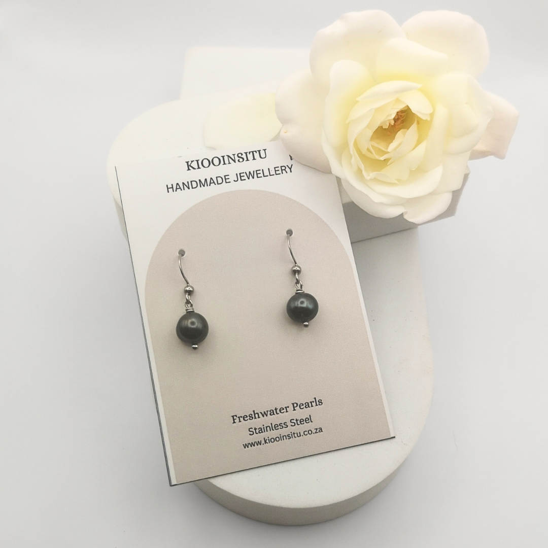 Black/Grey Freshwater Pearl Stainless Steel Drop Earrings