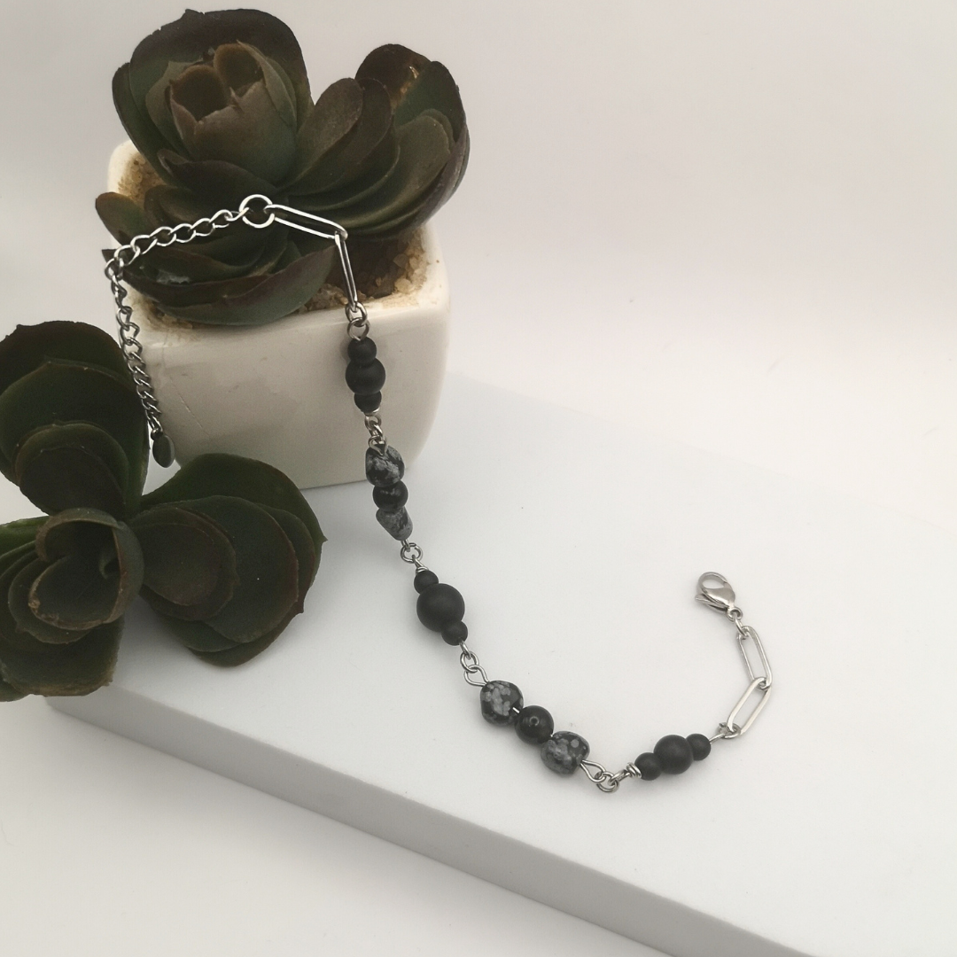 Stainless Steel Bracelet with Black Onyx & Snowflake Obsidian