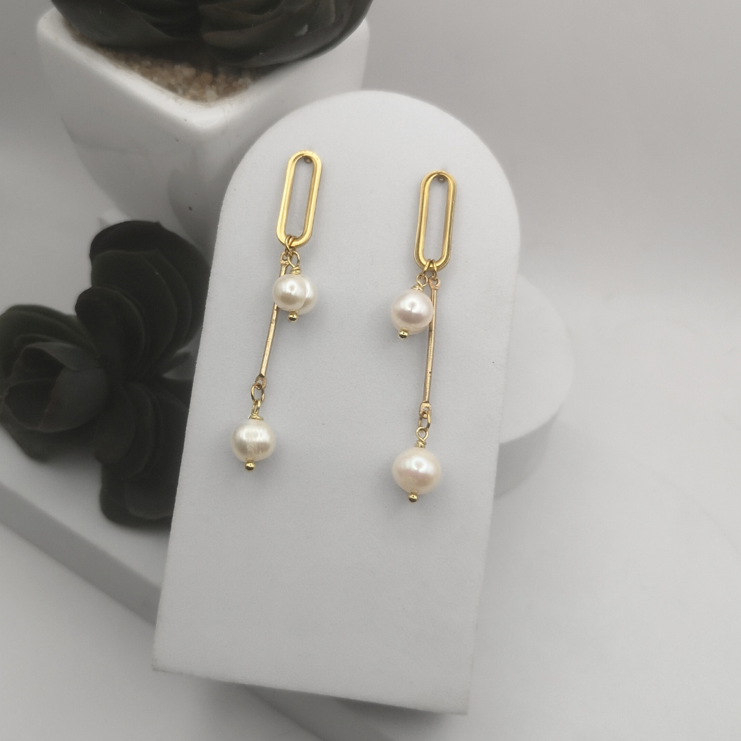 Elegant Gold Stainless Steel Dangle Earrings with Freshwater Pearls