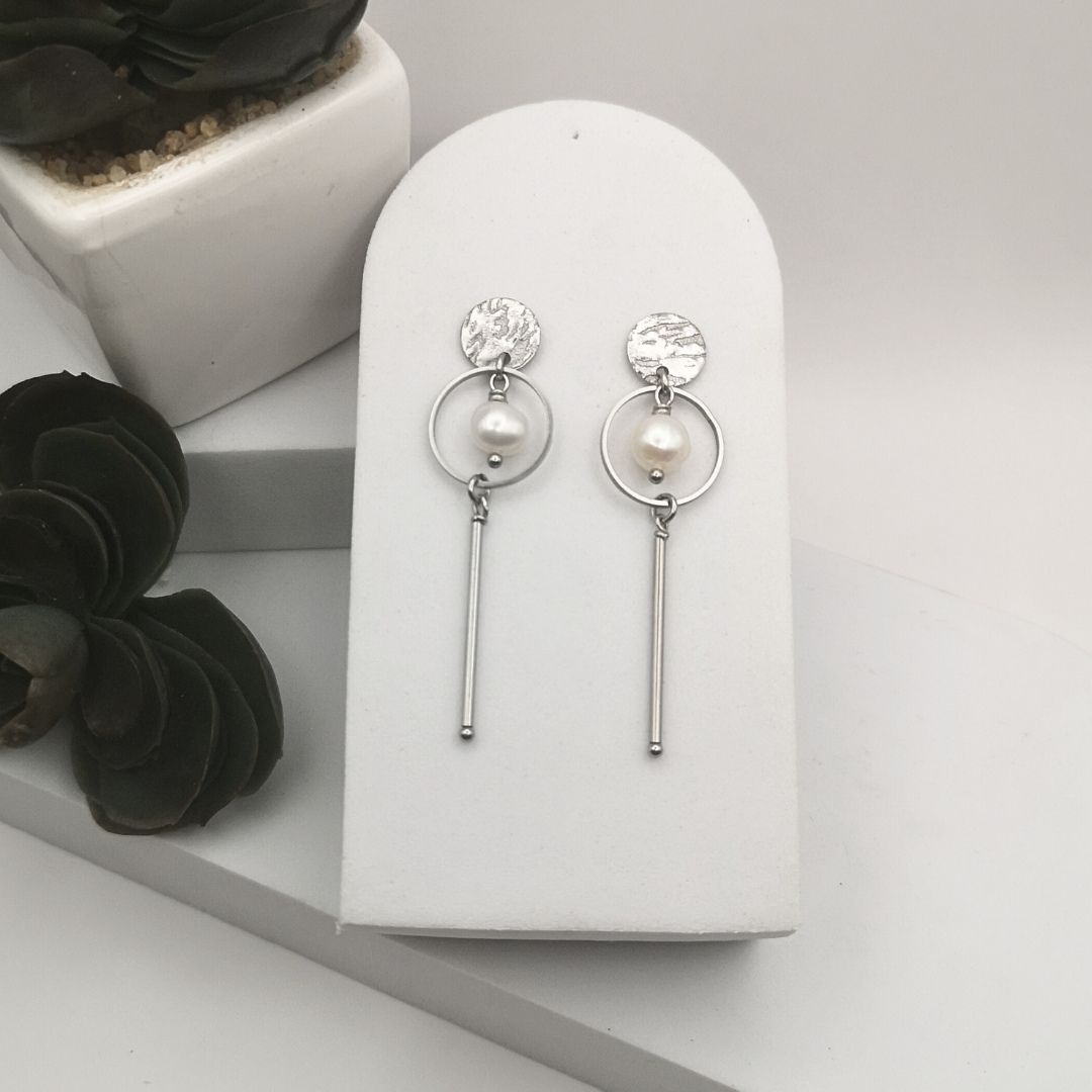 Stainless Steel White Freshwater Pearl Drop Earrings