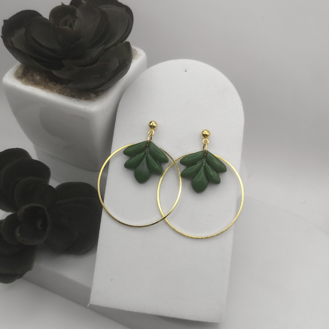 Elegant Gold Stainless Steel Hoop Earrings with Dark Green Polymer Clay Leaf