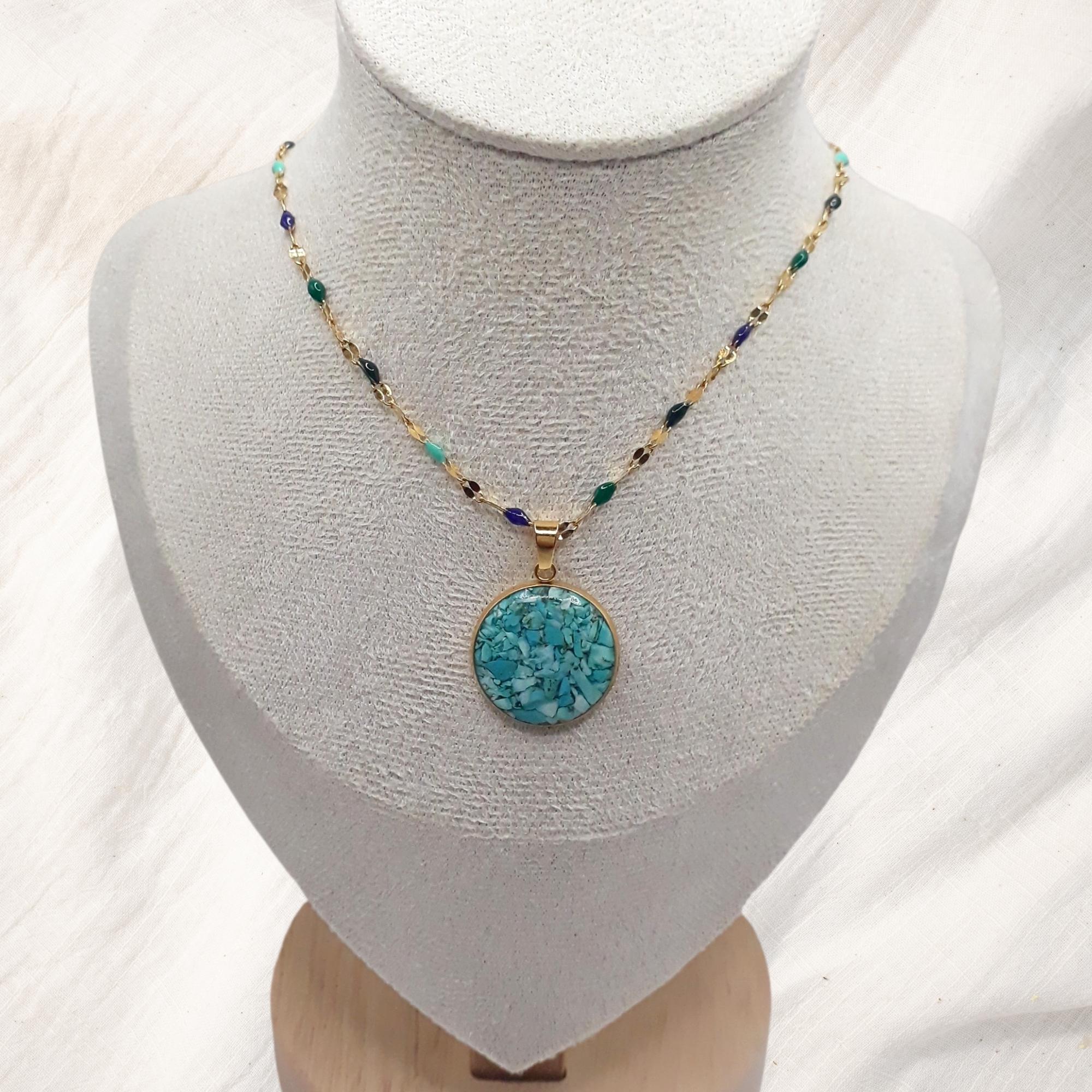 Crushed gemstone necklace collection including pendants, chokers, and layered designs.