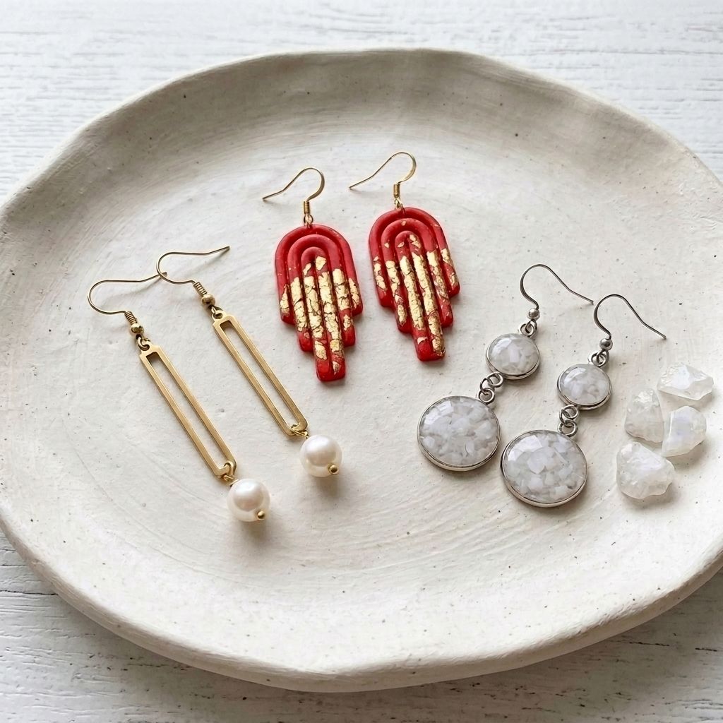 Three pairs of drop earrings on a cream ceramic dish: gold-tone pearl drops, red arches with gold detailing, and silver-tone circular white drops.