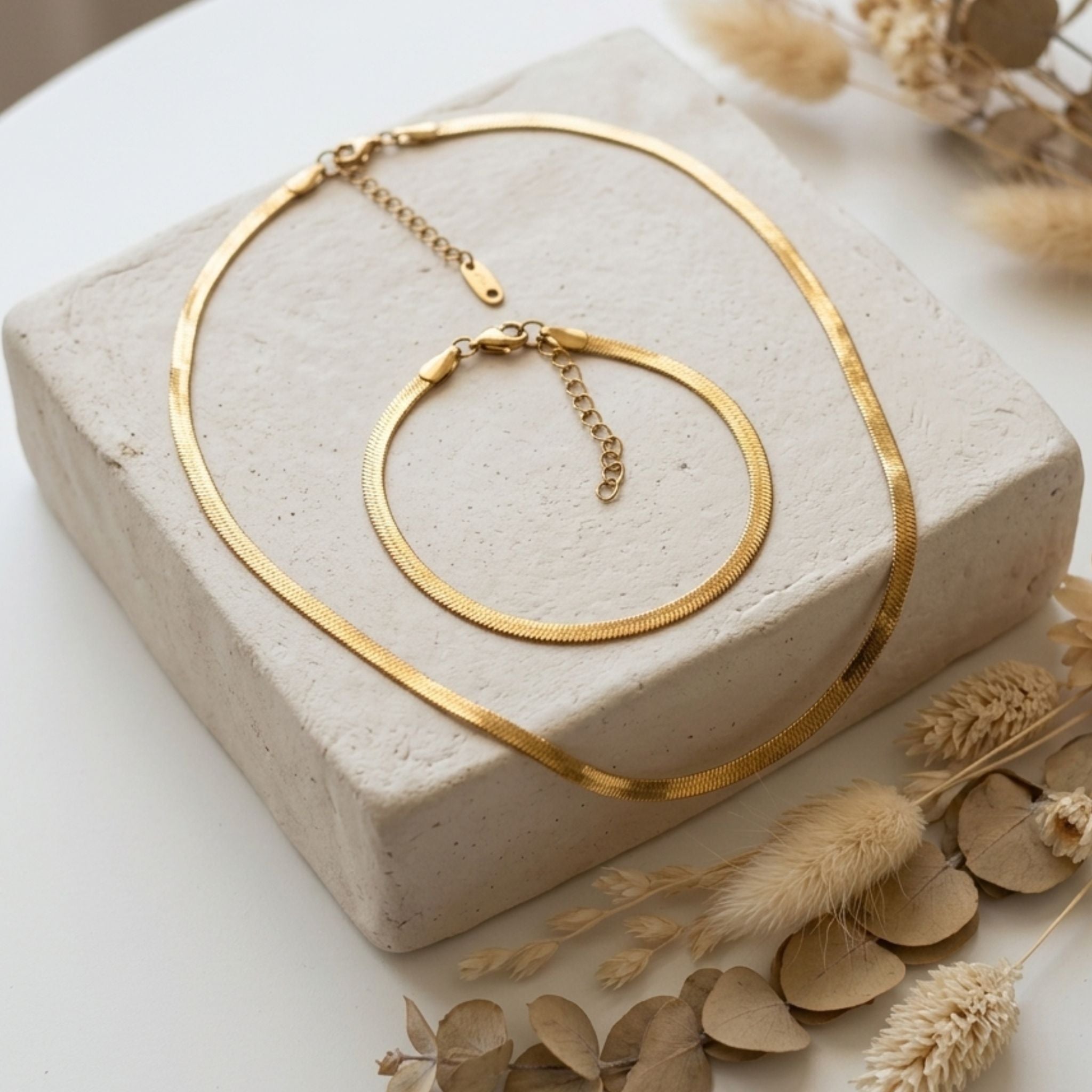 Gold plated Stainless Steel Herringbone necklace and bracelet