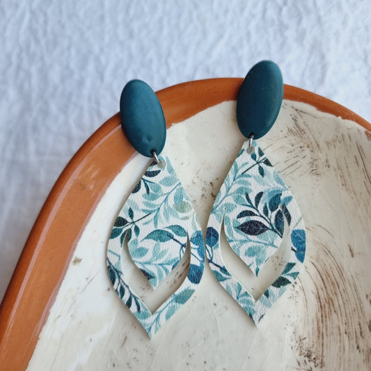 These handmade Polymer Clay Earrings are crafted with jade green polymer clay. Oval polymer clay ear studs and teardrop PU leather printed in shades of green. 