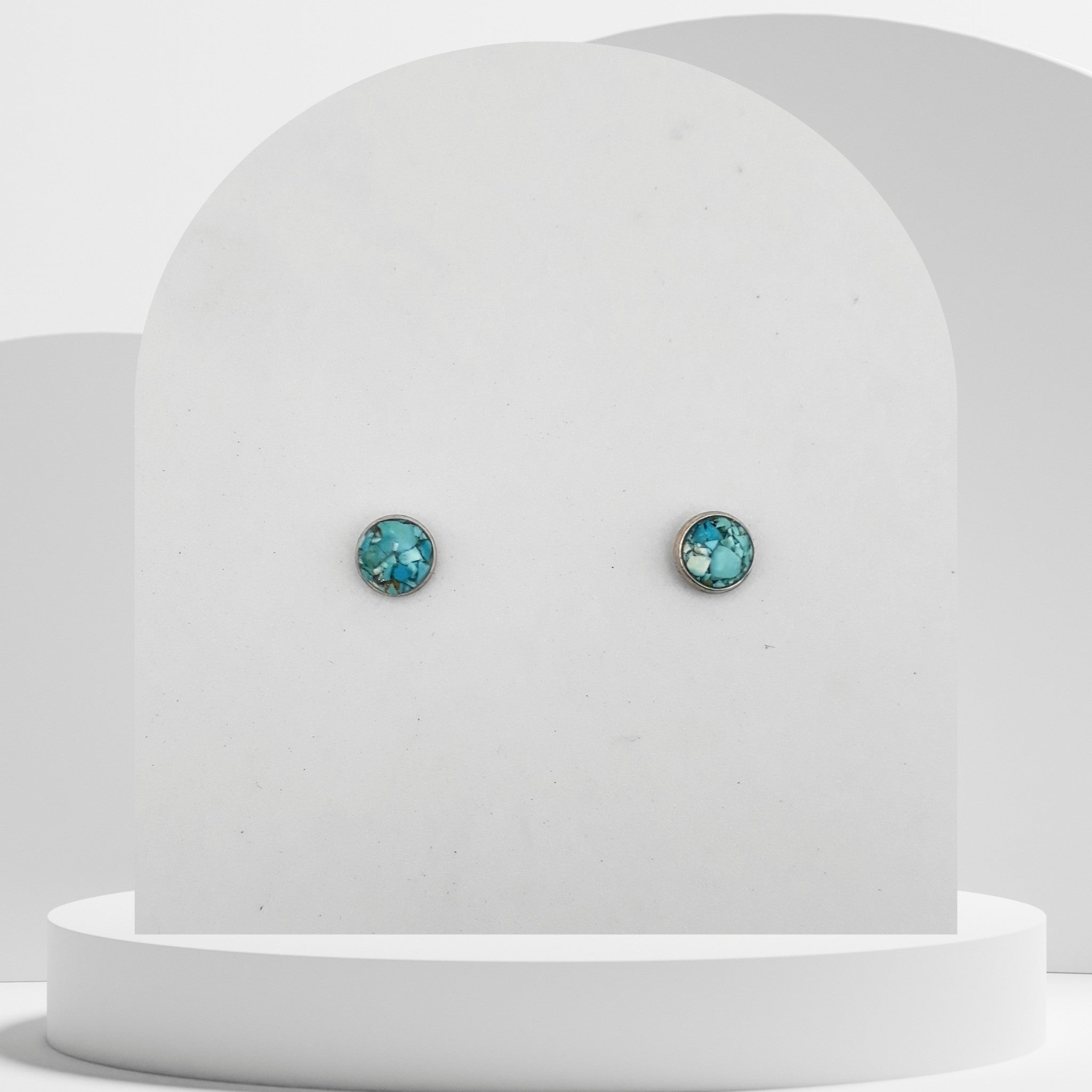 7mm stainless steel stud earrings with crushed natural turquoise gemstones sealed in glossy resin bezel setting