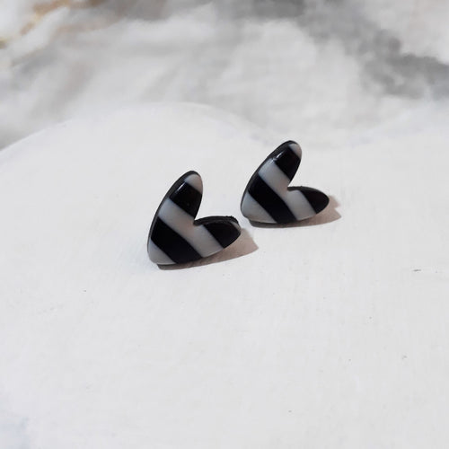 Black and white striped small polymer clay heart studs