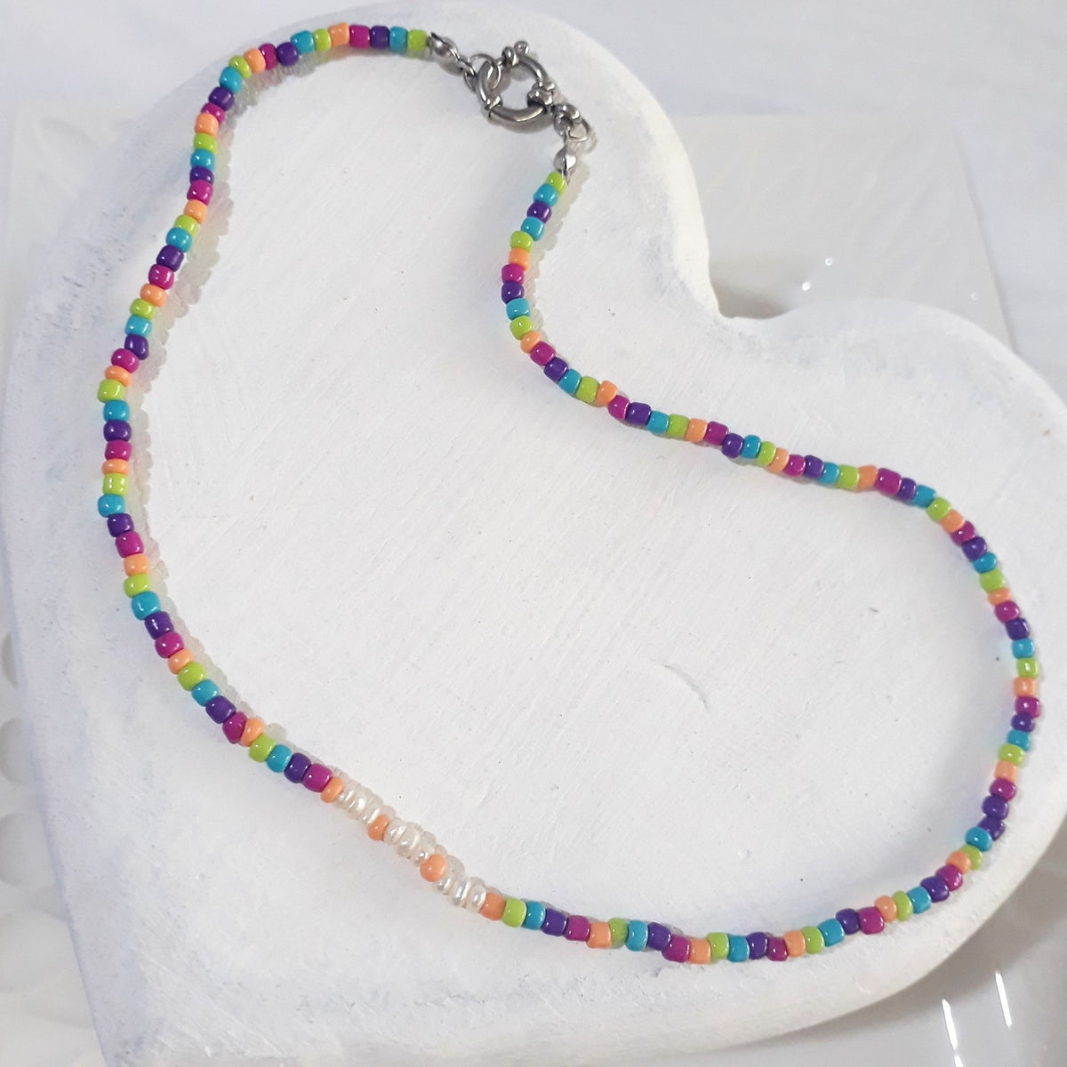 Colourful beads and Freshwater Pearl Beaded Necklace Stainless Steel