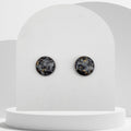 Stainless steel stud earrings with 14mm bezel set crushed snowflake obsidian and gold leaf sealed in glass-like resin