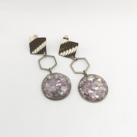 "Lavender Orbit" – Dangle Earrings with Crushed Freshwater Pearls & Rhombus Studs