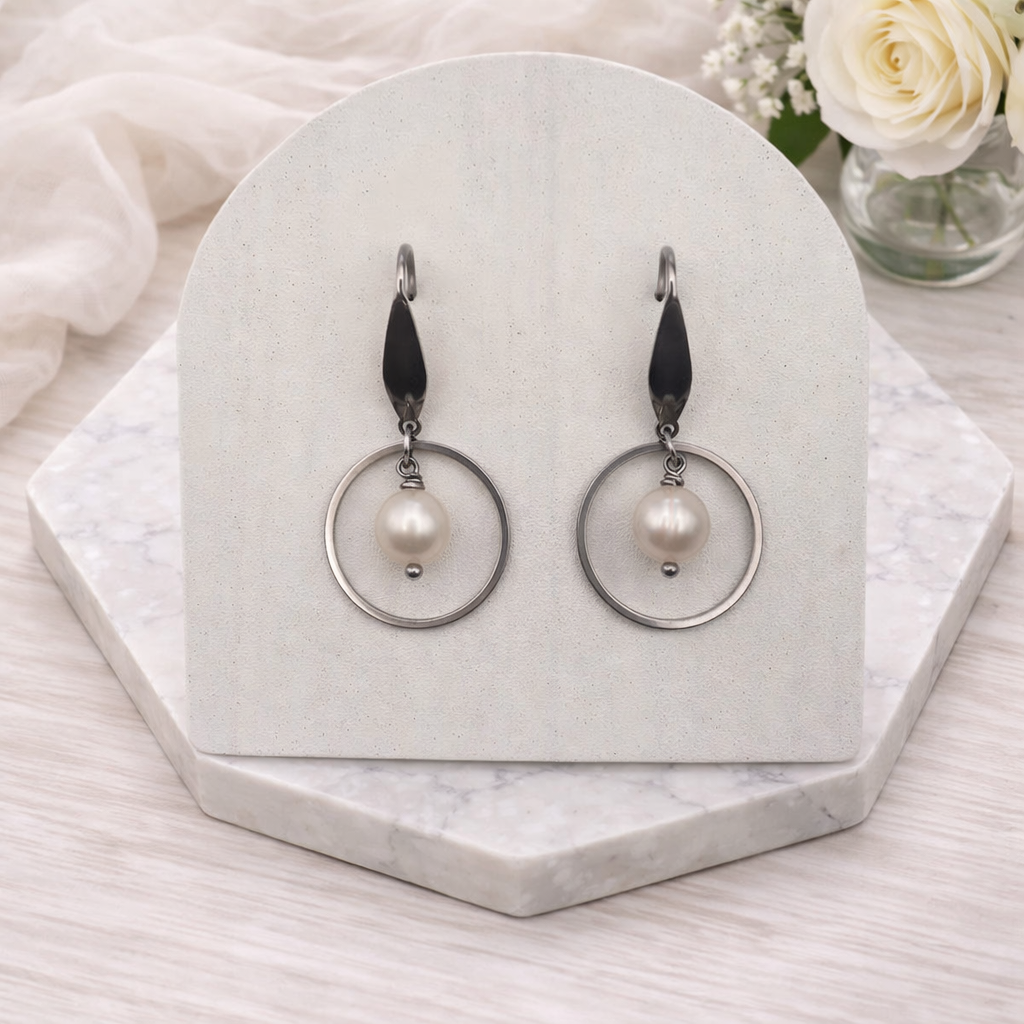 Freshwater Pearl Stainless Steel Circle Earrings