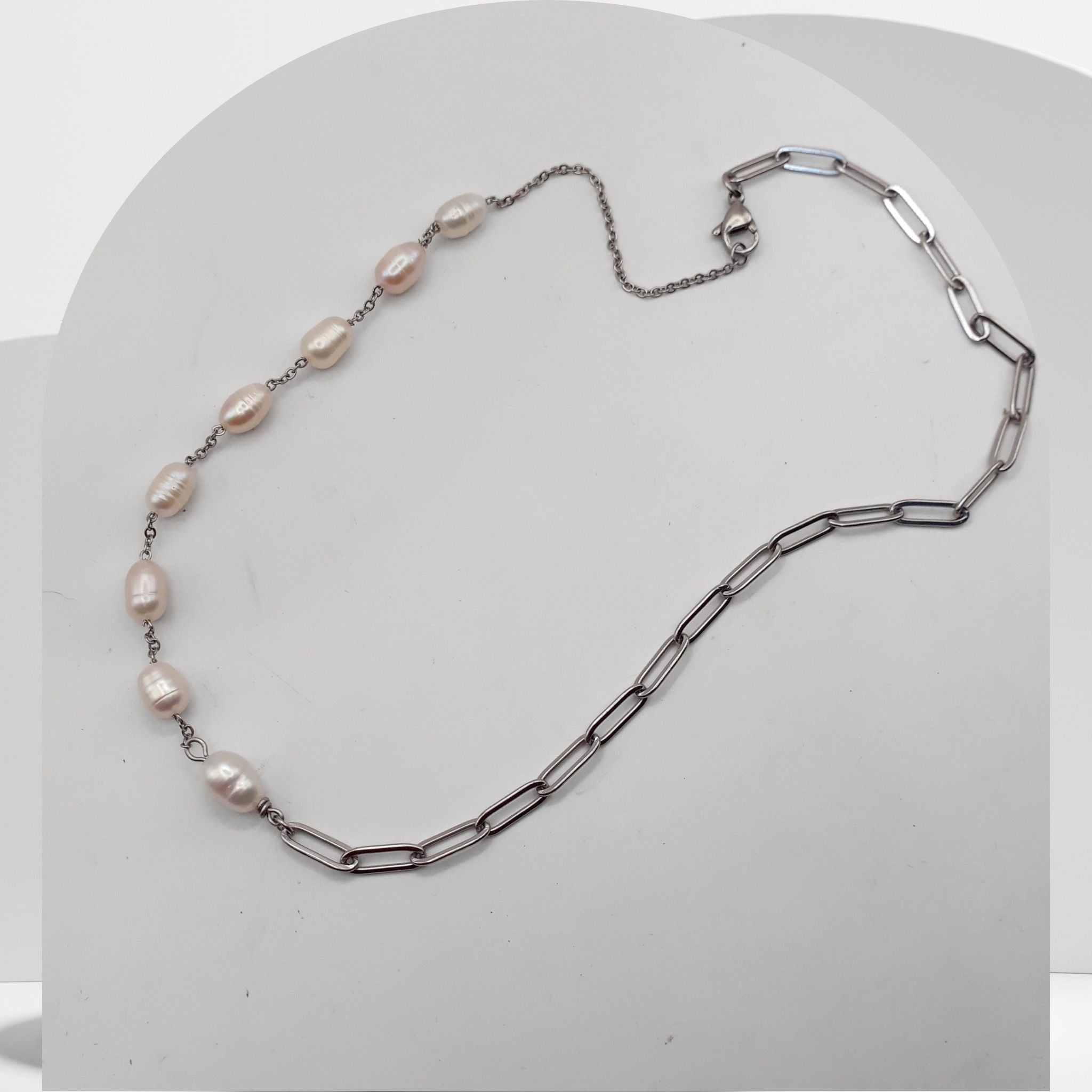 Handmade stainless steel necklace with paperclip cable chain and white freshwater pearls
